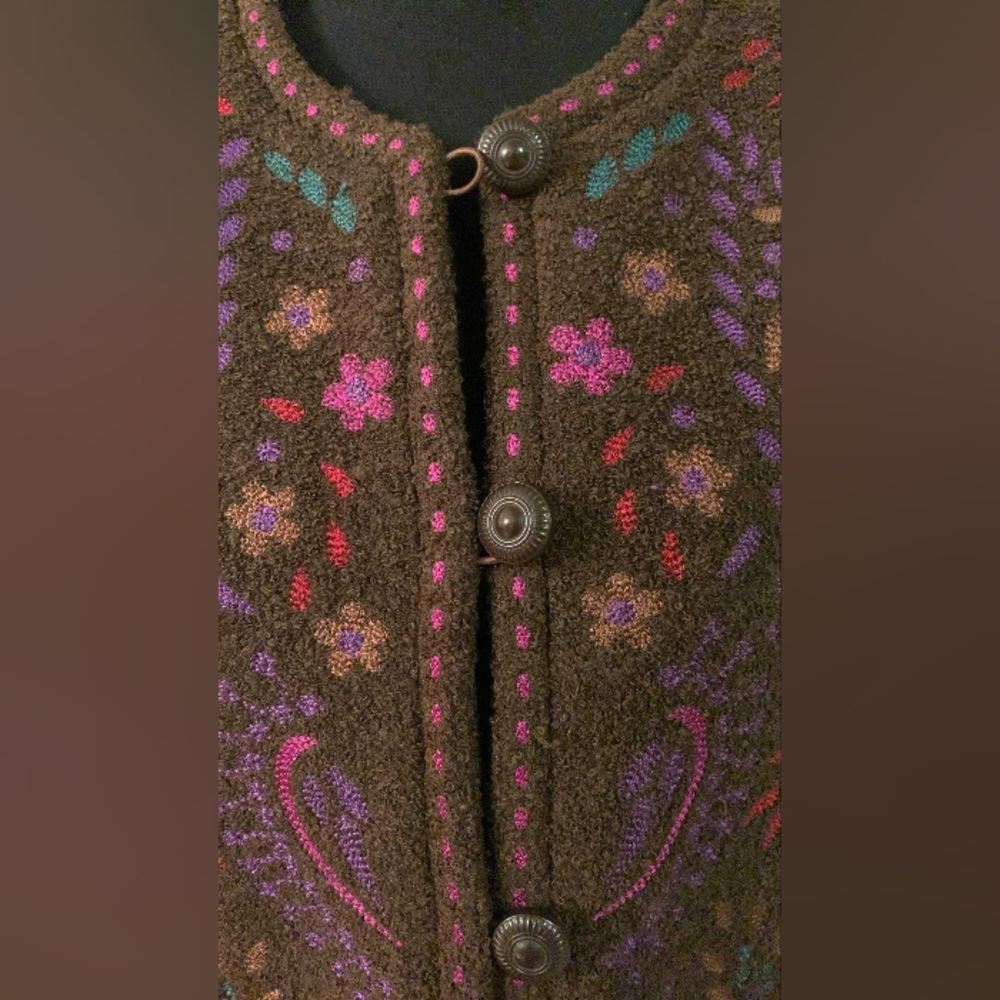 Vintage Boho Linea By Louis Dell'Olio Brown Floral Sweater Coat Size L - Picture 11 of 14
